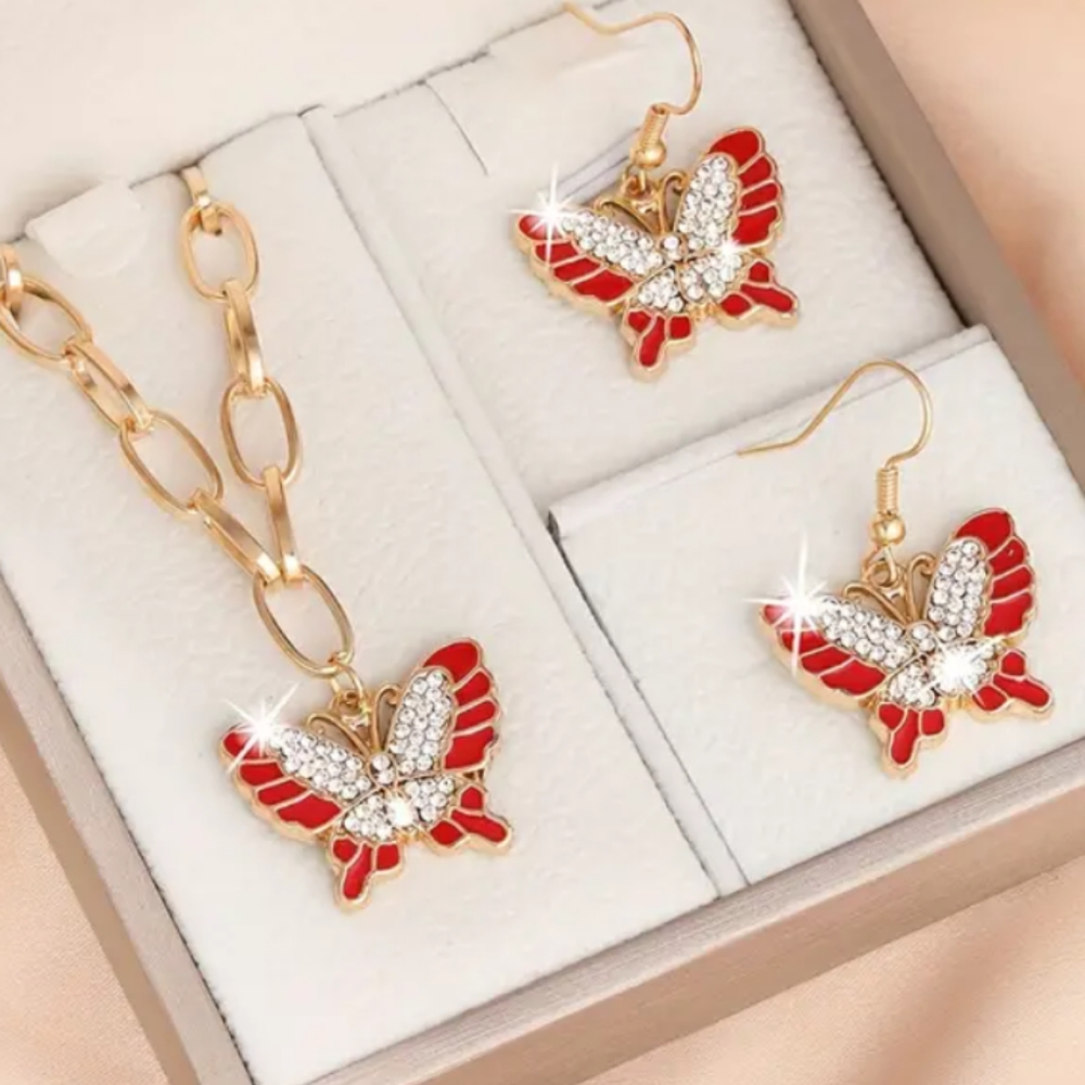 GOLD/TOPAZ/ RED ENAMEL 20 IN PAPER CLIP CHAIN / PENDANT/MATCHING EARRING GIFTBOX - Picture 2 of 2